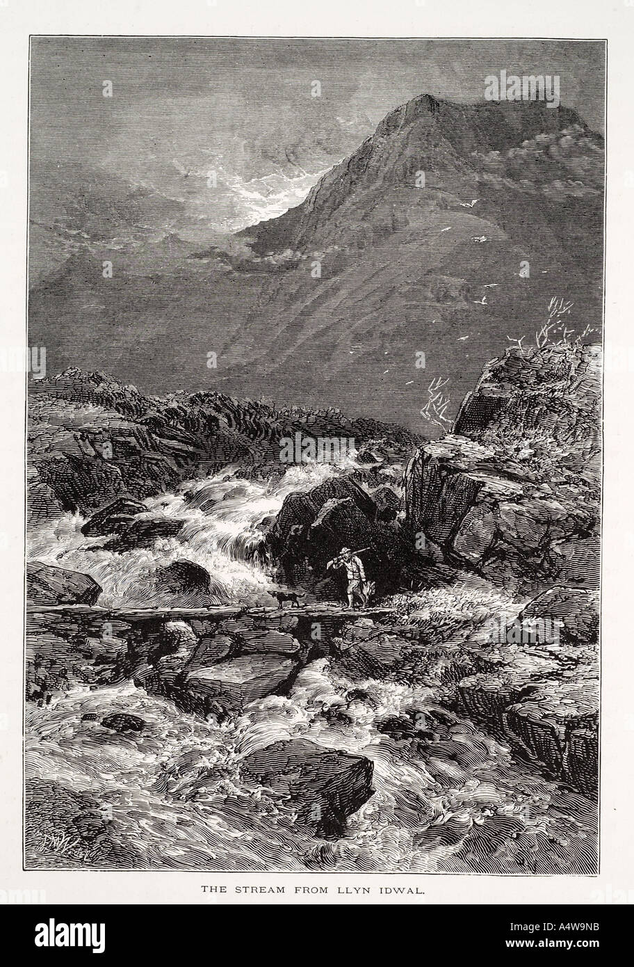 Stream llyn idwal galles Welsh Mountain Valley de l'eau pont en pierre d'inondation de la rivière Torrent série full rush UK Royaume-Uni GB Grande Banque D'Images