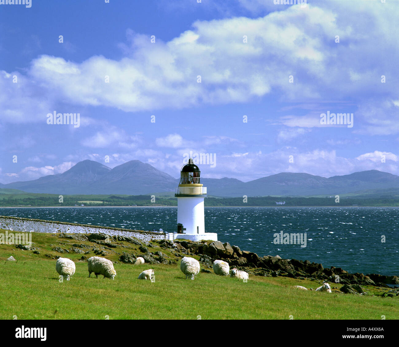 Fr - HÉBRIDES intérieures : un Rubh Duin Phare sur Islay avec Paps of Jura en arrière-plan Banque D'Images