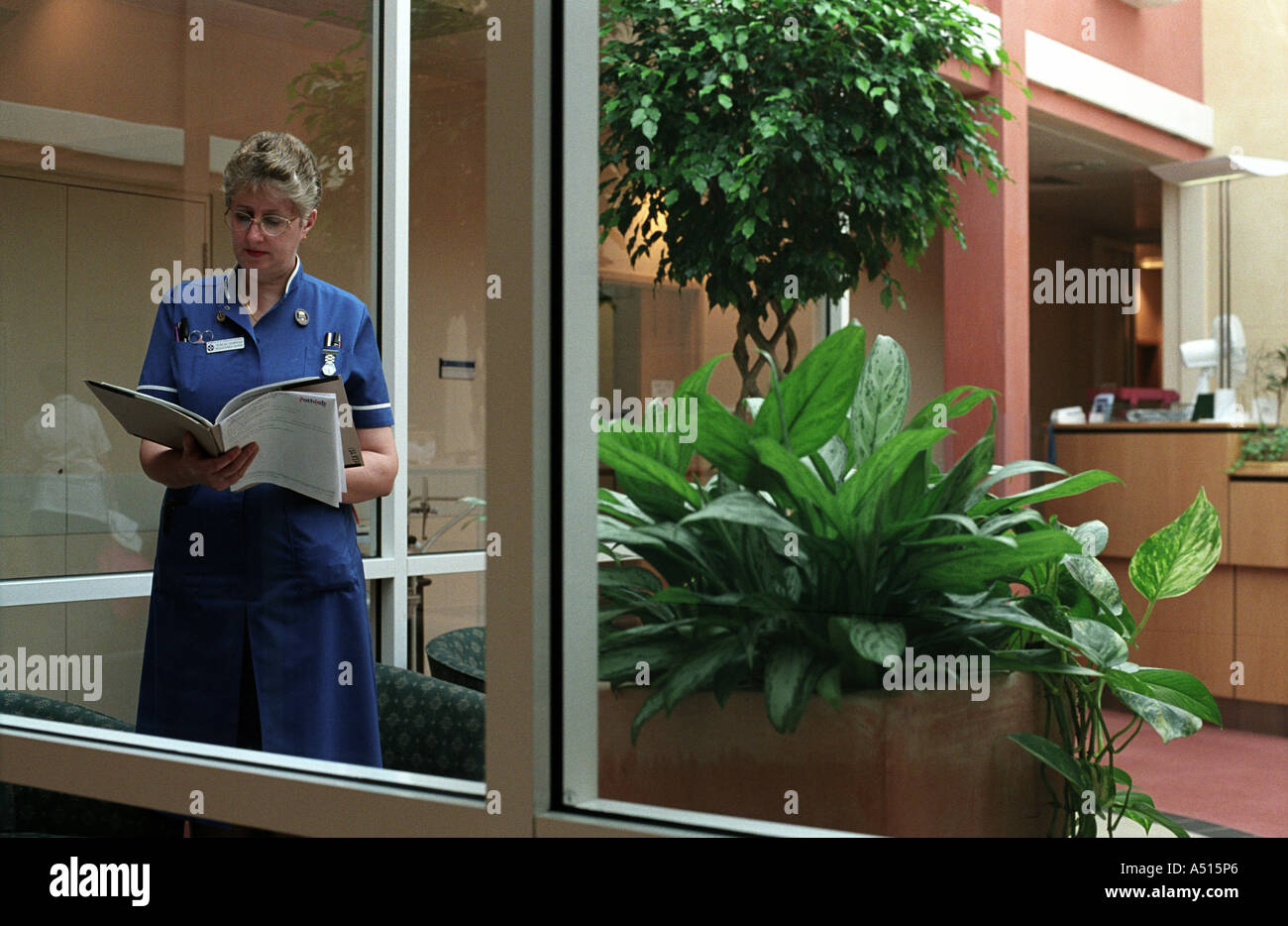 Une infirmière examine les dossiers d'un patient à un hôpital privé à St Johns Wood London UK Banque D'Images
