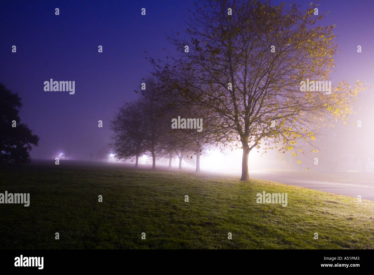 Une nuit de brouillard dans un village de Suffolk, UK Banque D'Images