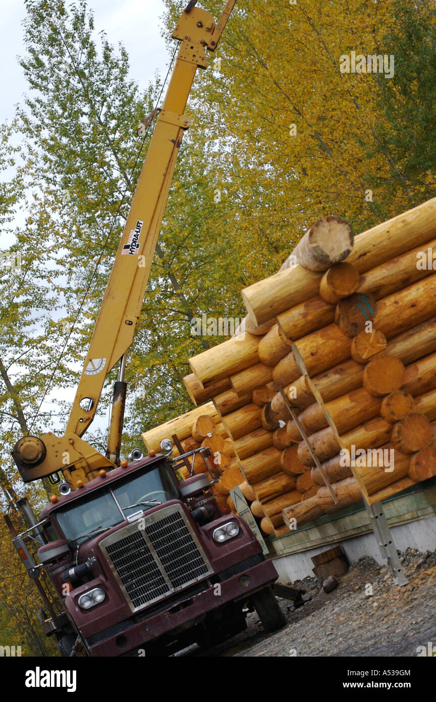 Bâtiment industriel en milieu rural : Log Cabin de grue pour camion Banque D'Images