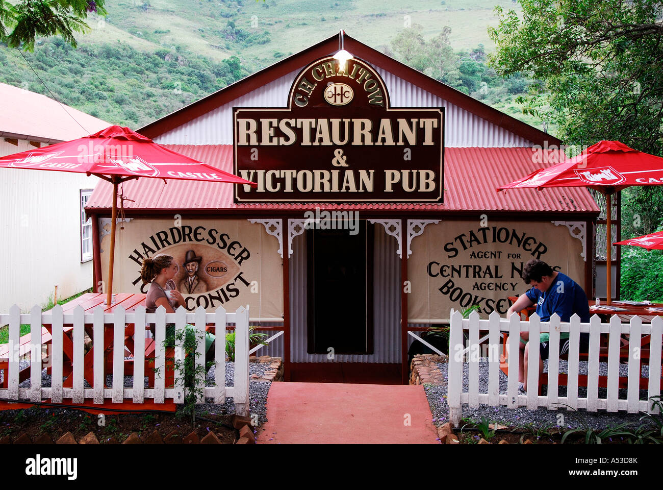 Restaurant installé dans l'ancien bâtiment historique de l'exploitation minière de l'étain, Pilgrim's Rest, Mpumalanga, Afrique du Sud Banque D'Images