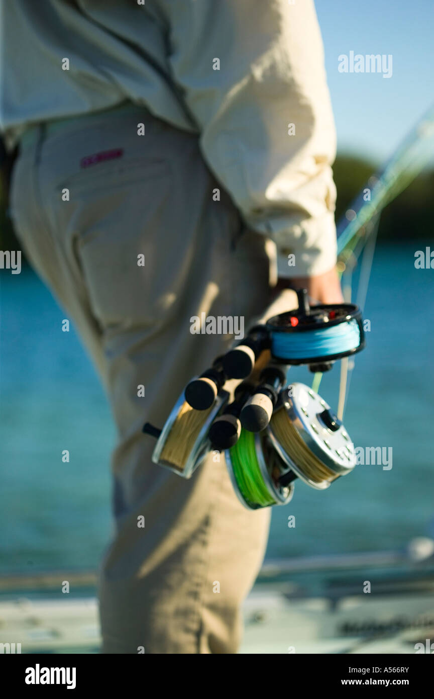 L'équipement de pêche de mouche d'eau salée Banque D'Images
