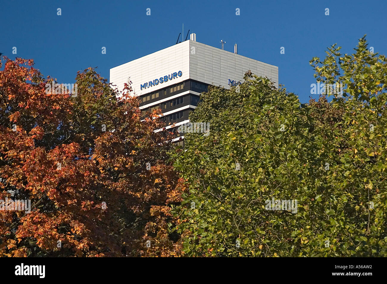Tour de Mundsburg Center tours de bâtiment de bureaux à Hambourg, Allemagne arbres colorés autmun Banque D'Images