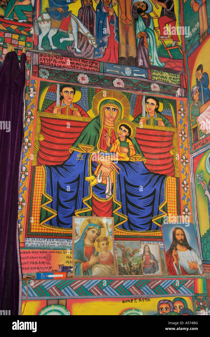 Painet jb1229 Ethiopie peinture Marie portant l'enfant Jésus église monastère intérieur abuna garima tigray sud religion Banque D'Images