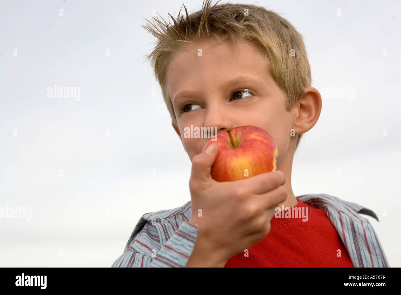 Boy (10-12) eating apple, close-up Banque D'Images