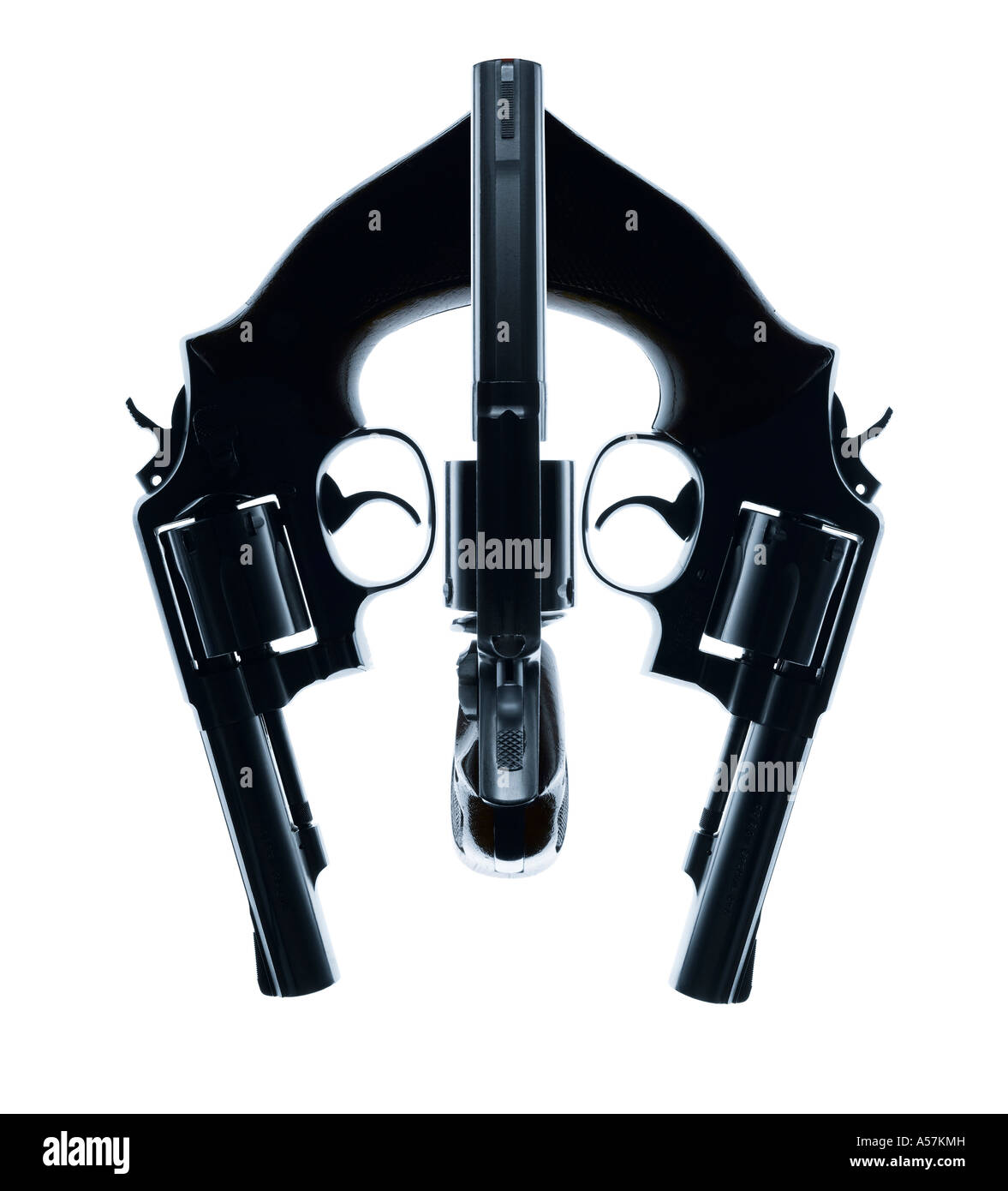 Trois pistolets placés de manière créative pour créer un visage ou de forme intéressante Banque D'Images