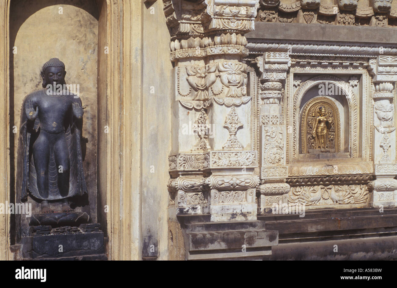 Mahabodhi-Temple, détail de la façade, Bodhgaya, Bihar, Inde Banque D'Images