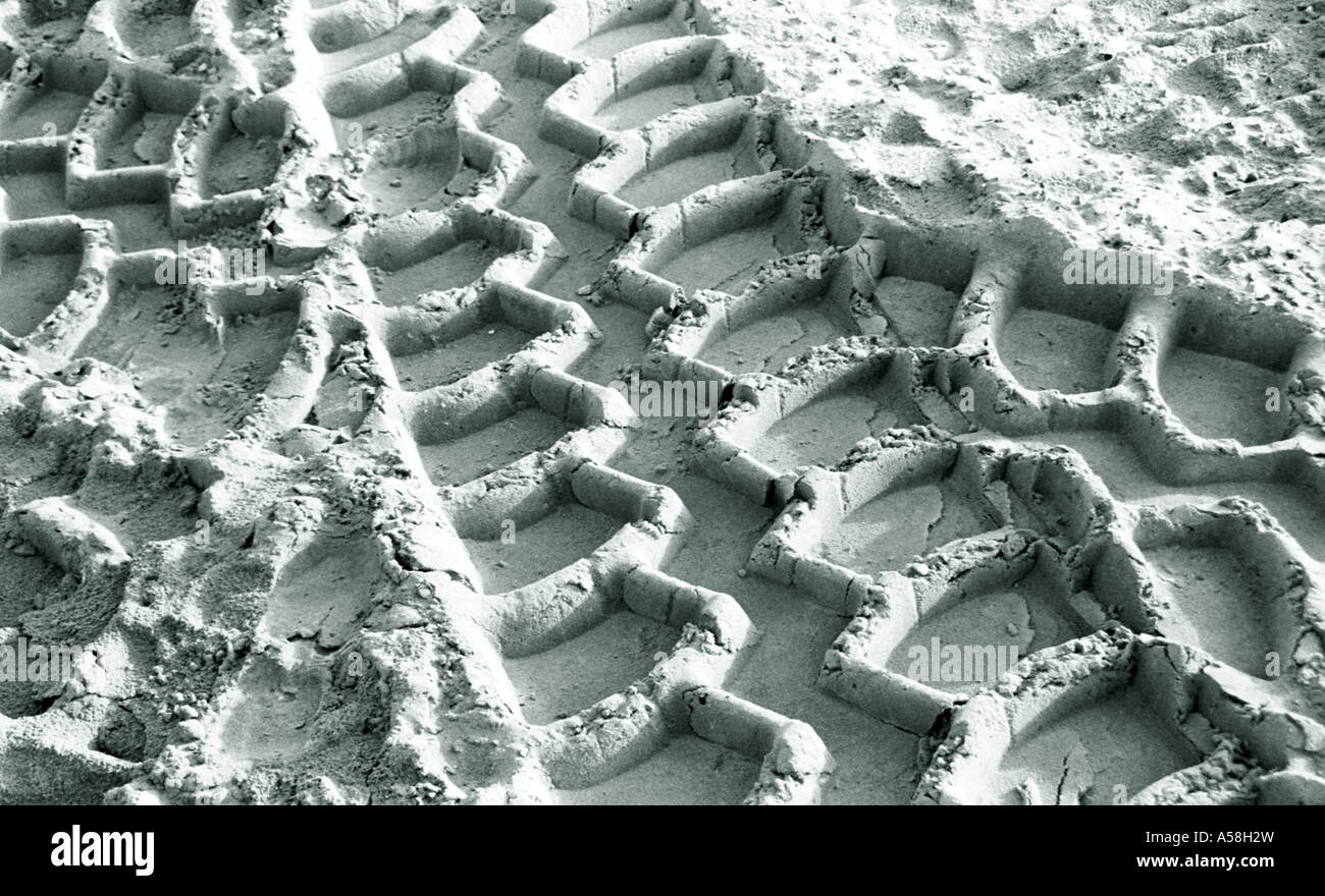 Paysage noir et blanc de l'image les traces de pneus dans le sable. Banque D'Images