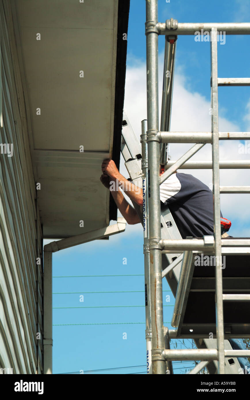 Menuisier travaillant à partir d'une tour d'accès en aluminium en installant un nouveau UPVC en plastique Sur-revêtement à l'eaves existant soffit board fascia Angleterre Royaume-Uni Banque D'Images