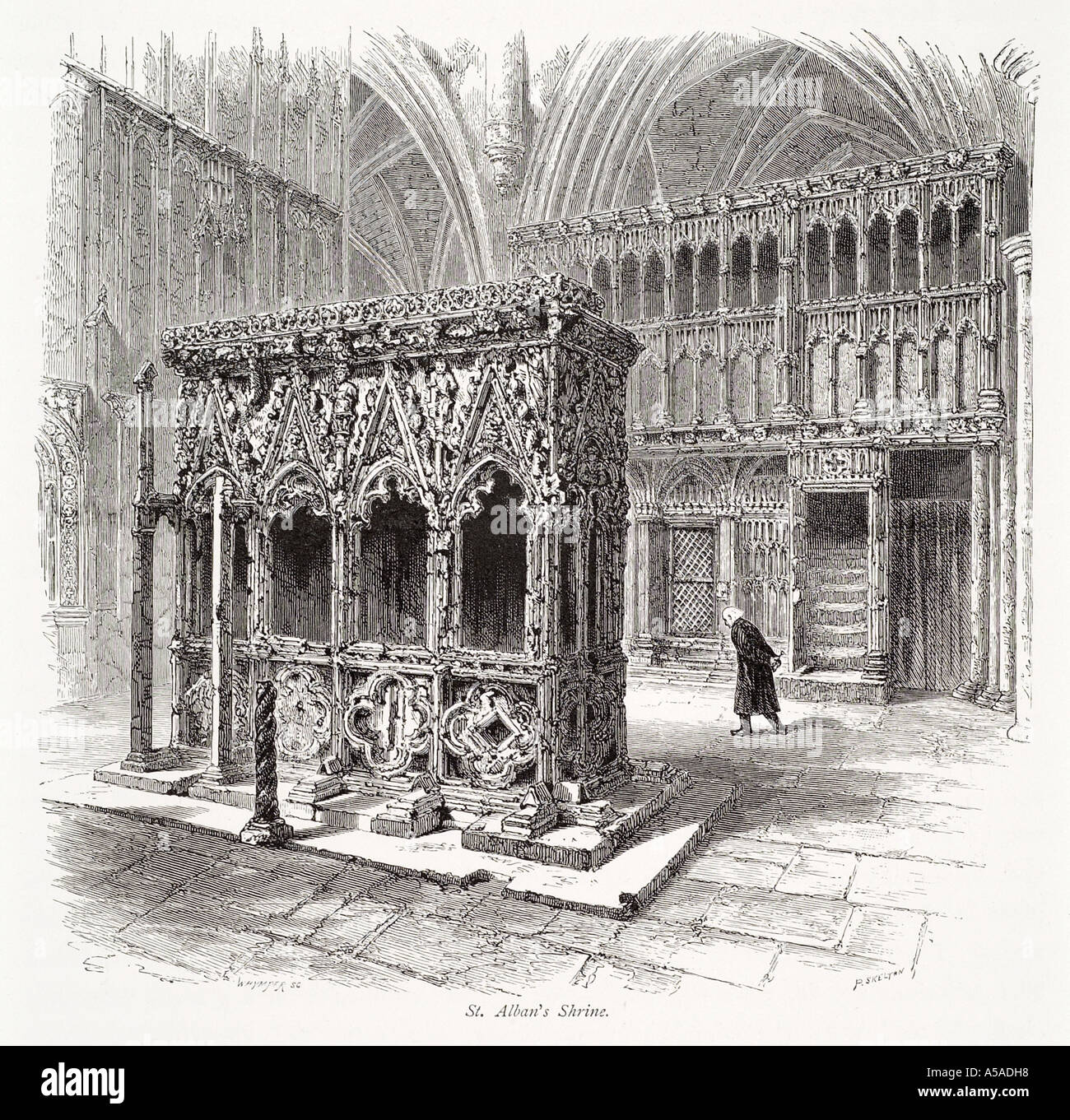 St Albans Abbey saint sanctuaire intérieur église Chrétienne Hertfordshire ornate stone carving carve tombe GO UK Angleterre Anglais Unite Banque D'Images