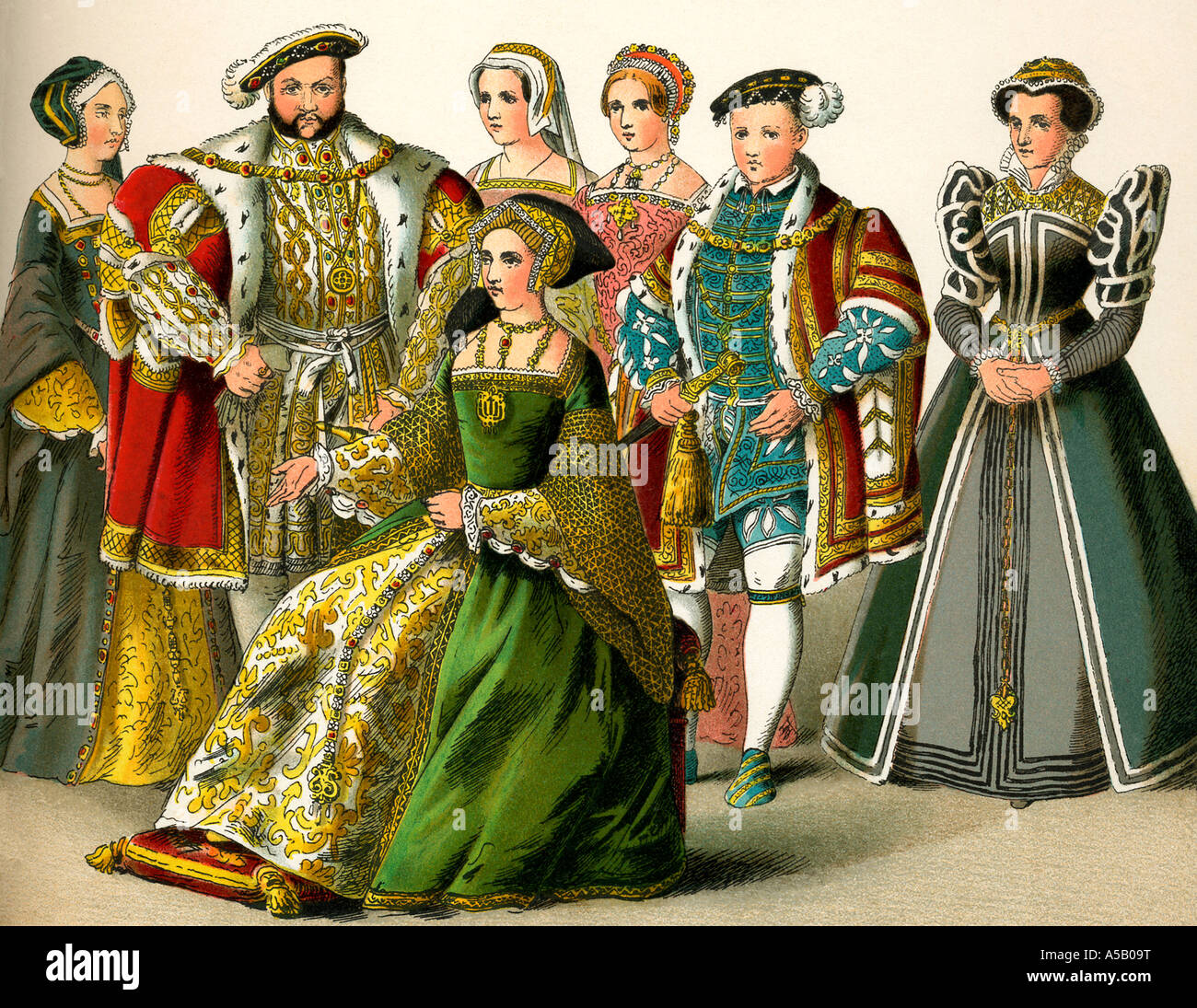 Henry VIII avec quatre femmes et deux enfants Banque D'Images