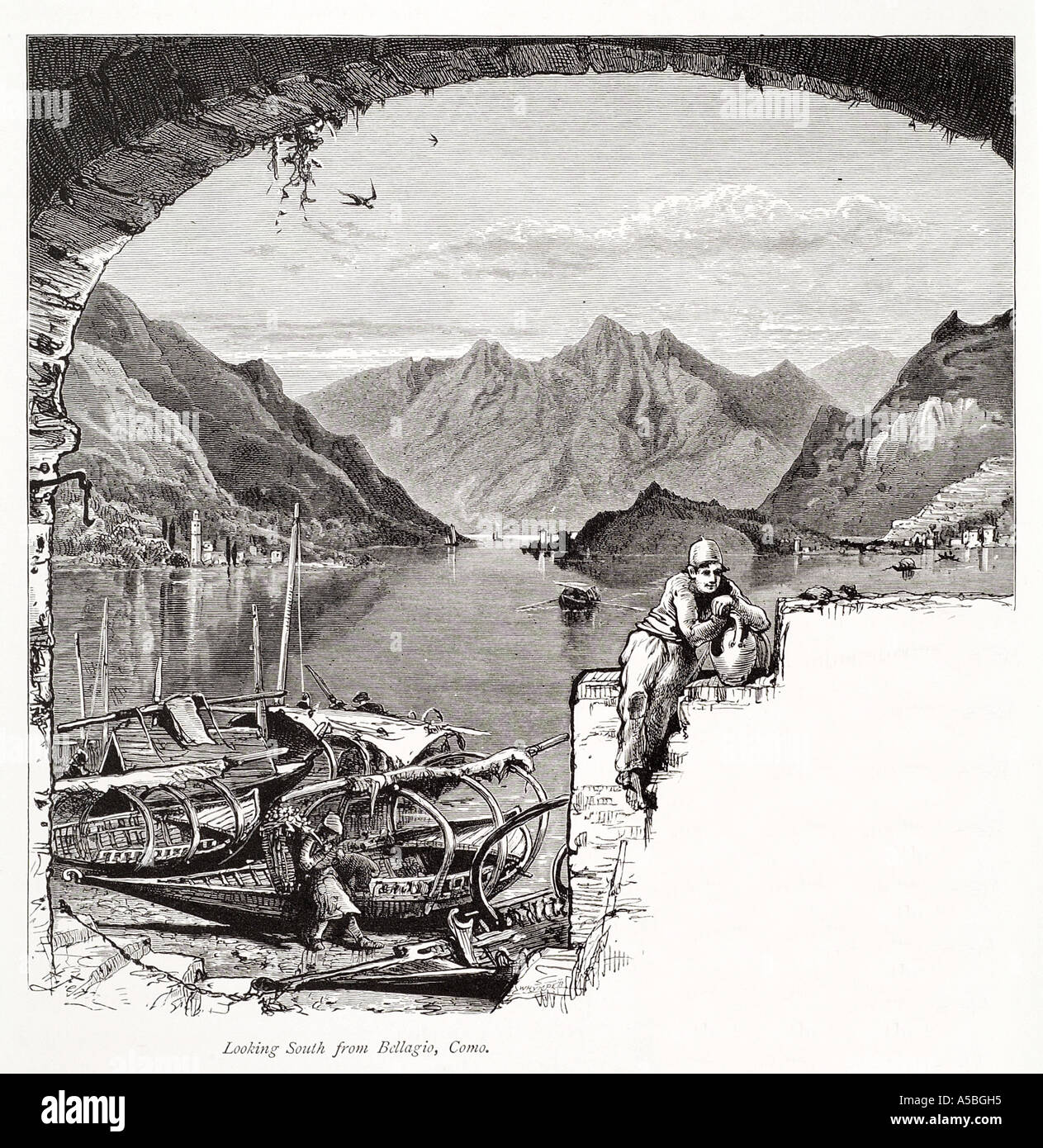 Bellagio como Lombardia Italie lac italien de passage en bateau de l'eau côte pêcheurs alp mountain shore porter beach voile Banque D'Images