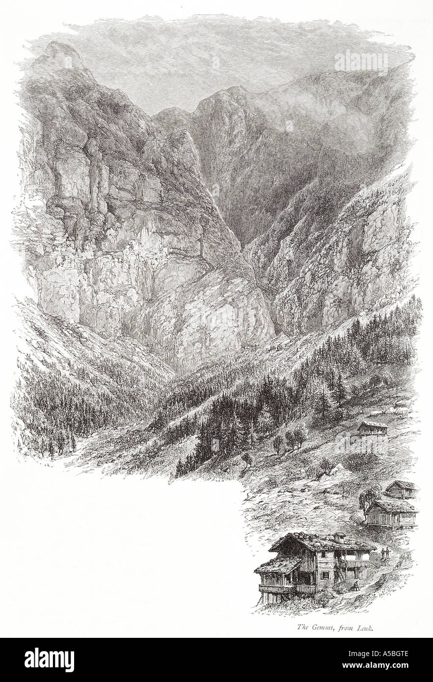 Leukerbad gemmi pass suisse Swiss alp alpine mountain valley vista pic gelé de montagne forêt chalet refuge boisé escarpé Banque D'Images