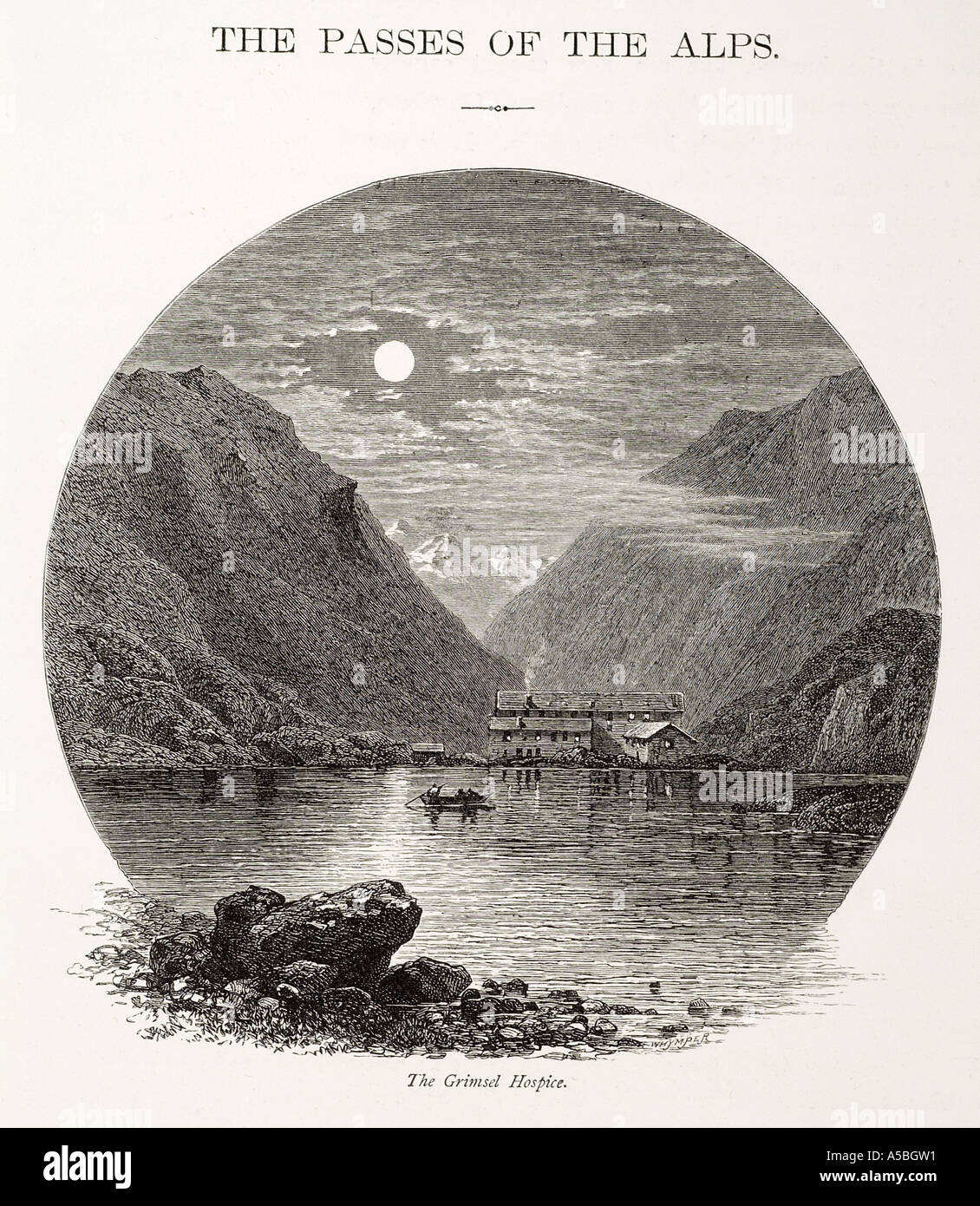 L'hospice du Grimsel pass Suisse Valais Suisse le lac de montagne alpine alp valley vista glaciaires montagne voile nuit lune rock hotel Banque D'Images