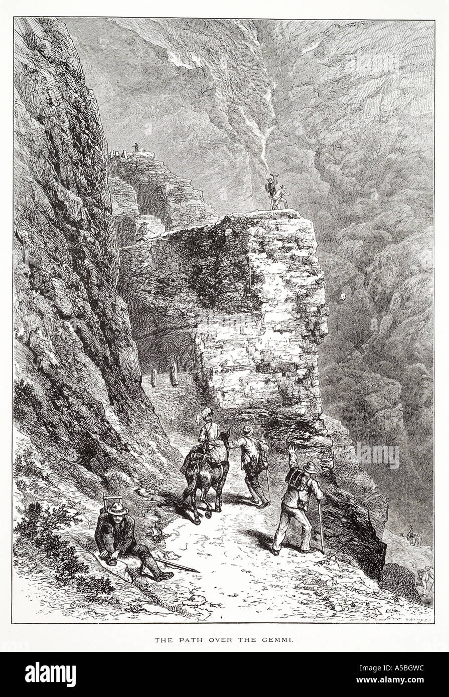 Leukerbad gemmi pass suisse Swiss alp alpine mountain valley vista mountain peak piste glaciaire côté femme selle cheval stee Banque D'Images