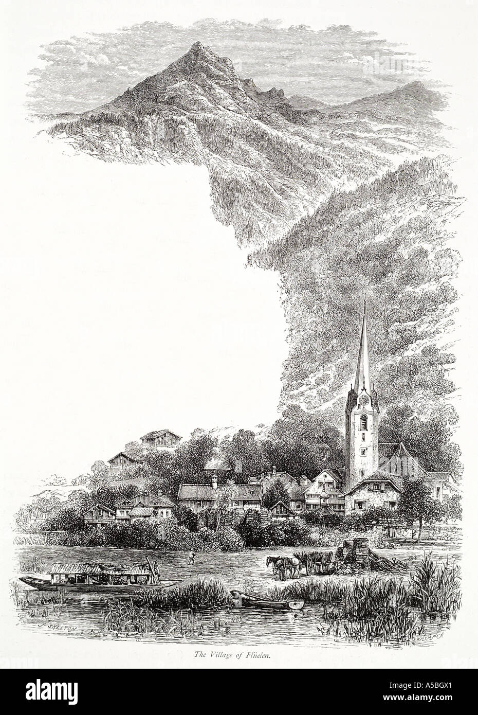 Fluelen Lac Léman Lac Léman Suisse Swiss alp Vierwaldstatter mountain village alpin chalet ville cheval bateau panier chambre à Banque D'Images