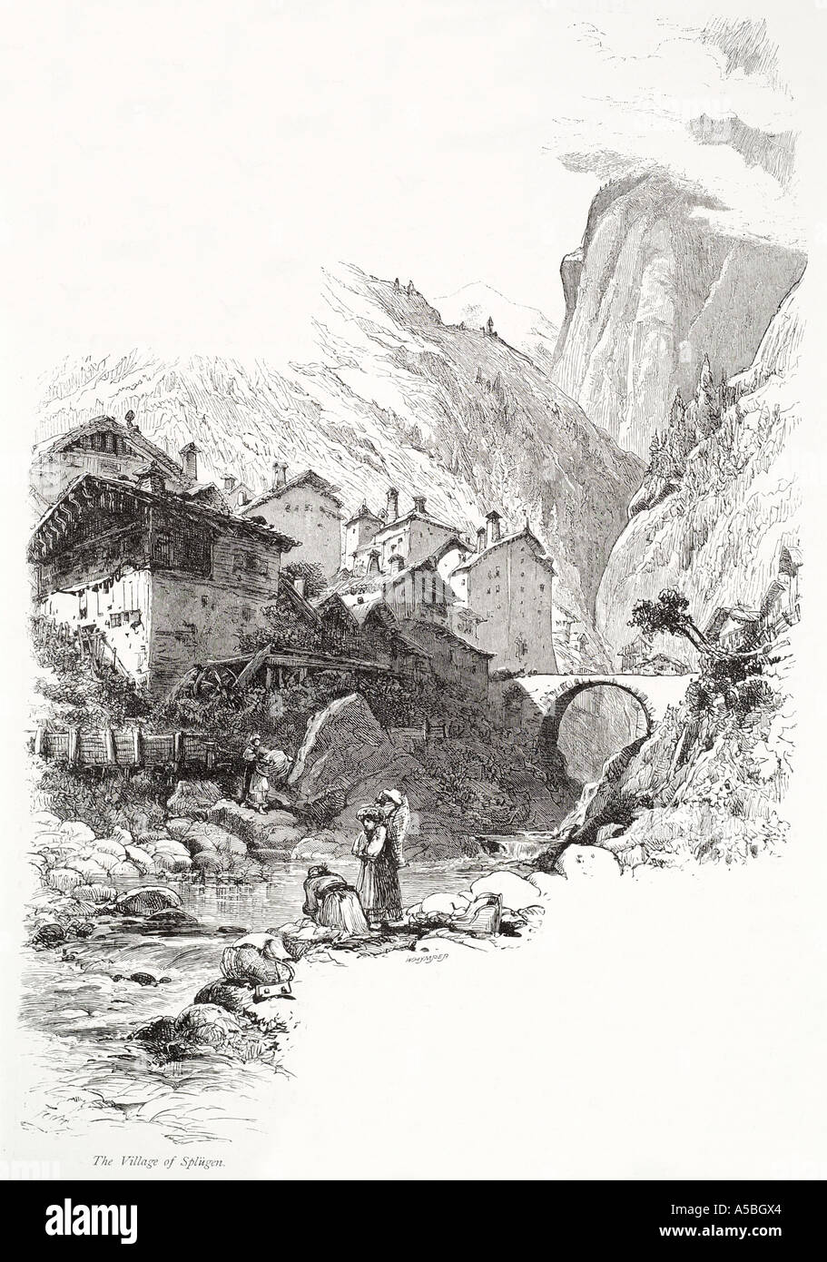 Splugen pass suisse Swiss alp alpine mountain valley river gorge lavage banque chalet bois habiller Pierre hameau pont ro Banque D'Images