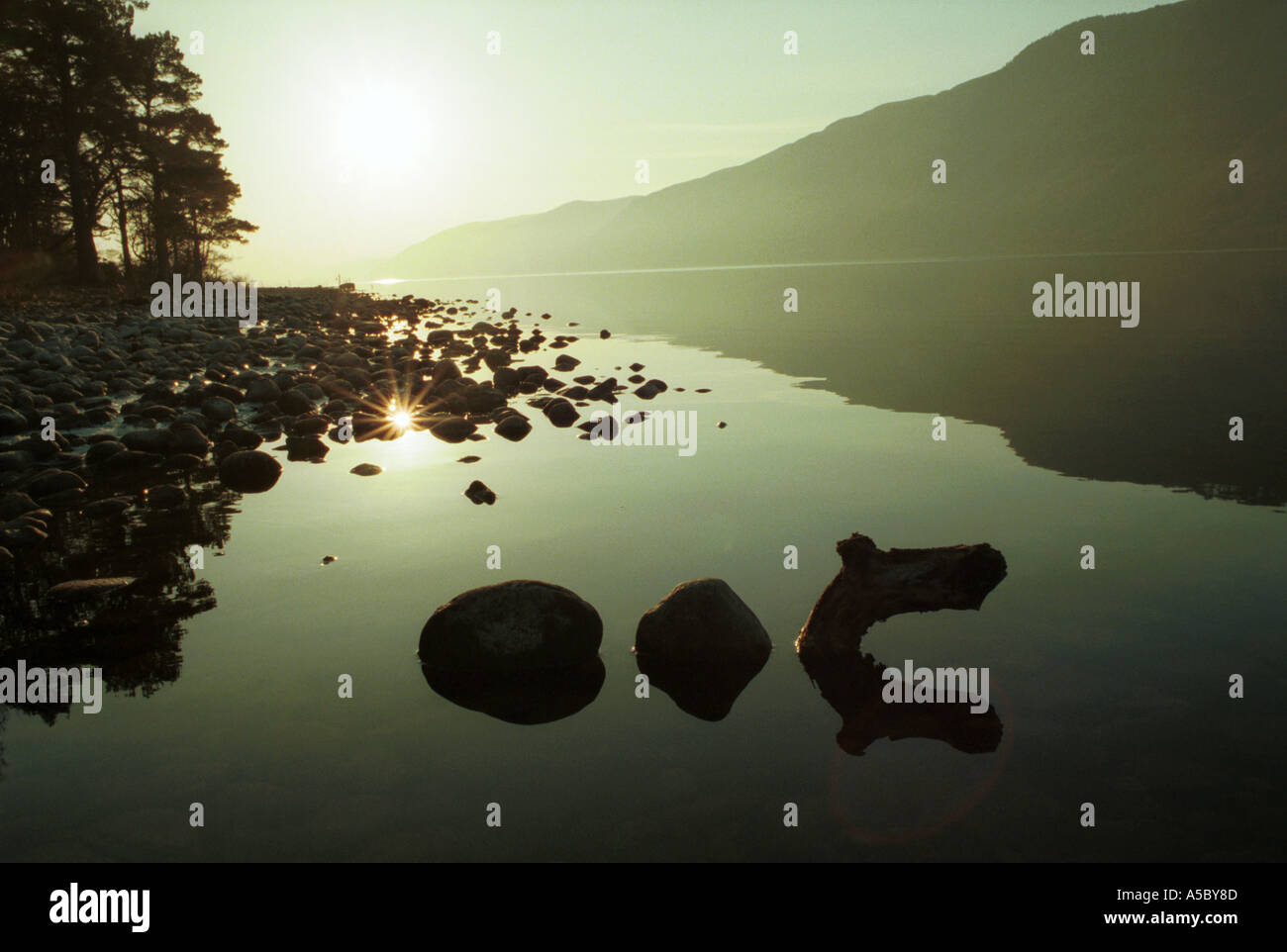 La LUMIÈRE DU SOLEIL DU SOIR SUR LA RIVE du Loch Ness en Écosse PHOTO DE JOHN ROBERTSON Banque D'Images