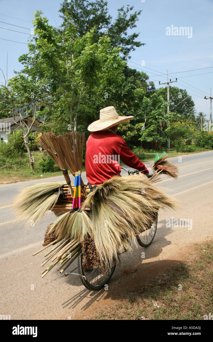 Vendeur ou commerçant de rue asiatique sur des vélos transportant des brosses à la façade de palmier; marchandises à vendre Krabi Beach Resort, Thaïlande Banque D'Images