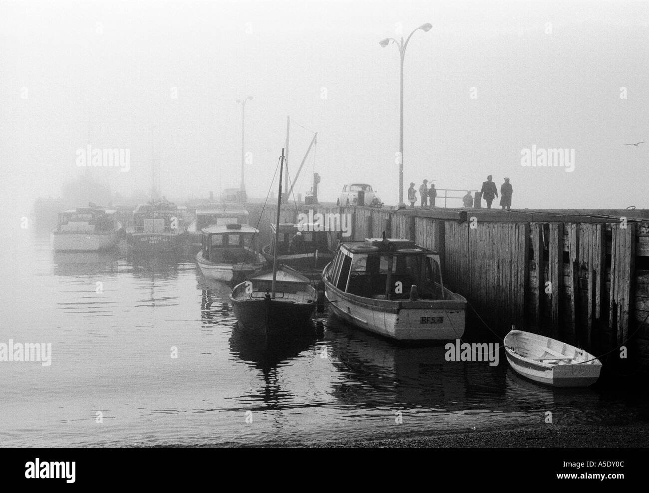 Ligne de bateaux de pêche en bois sur un quai un jour d'été brumeux c1972 Noir et Blanc Quebec Québec Canada Banque D'Images