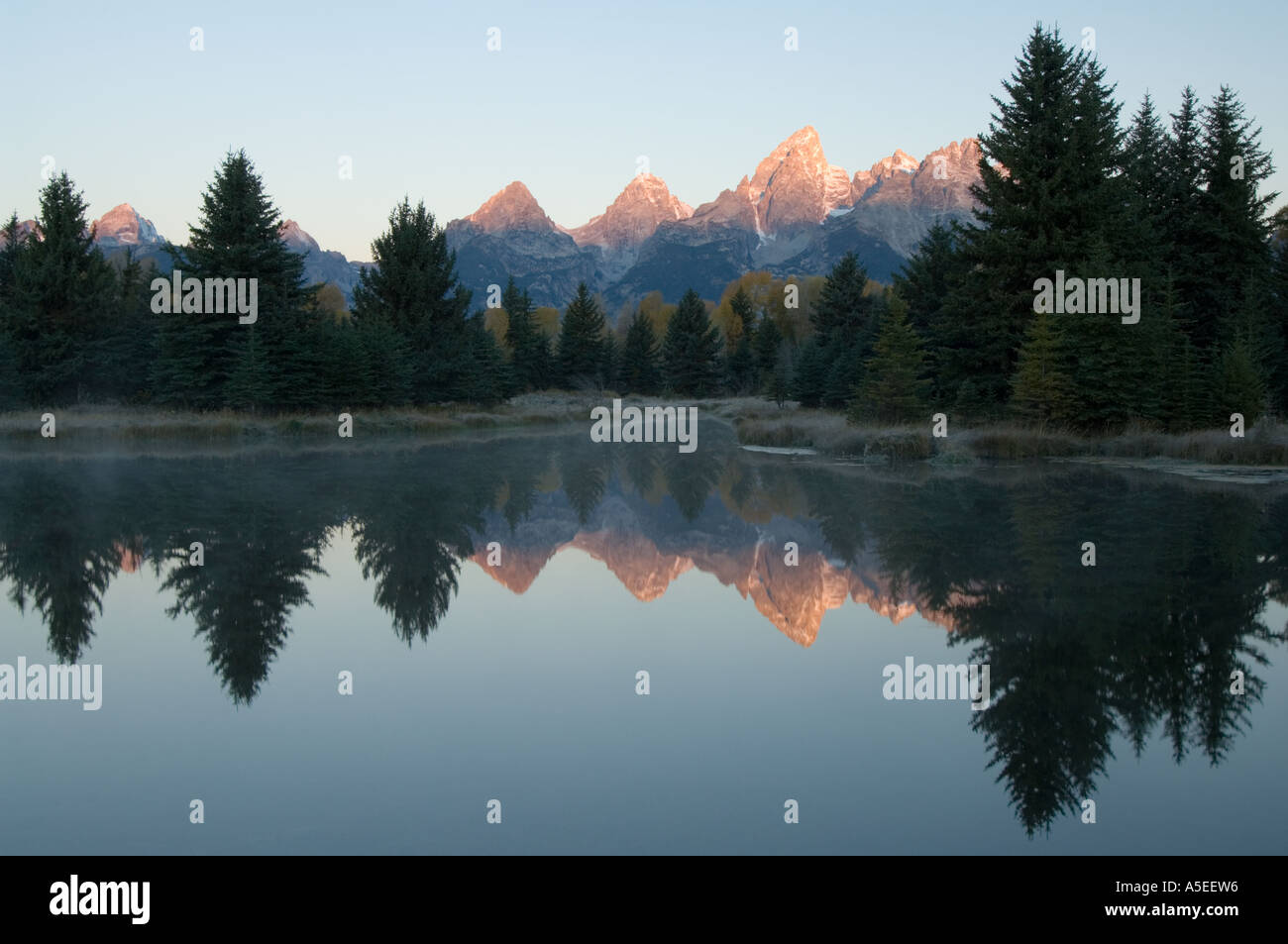 La Cathédrale Groupe des Tetons reflétée dans un tarn au Schwabacker's Landing Grand Tetons National Park Wyoming Lever du Soleil Banque D'Images