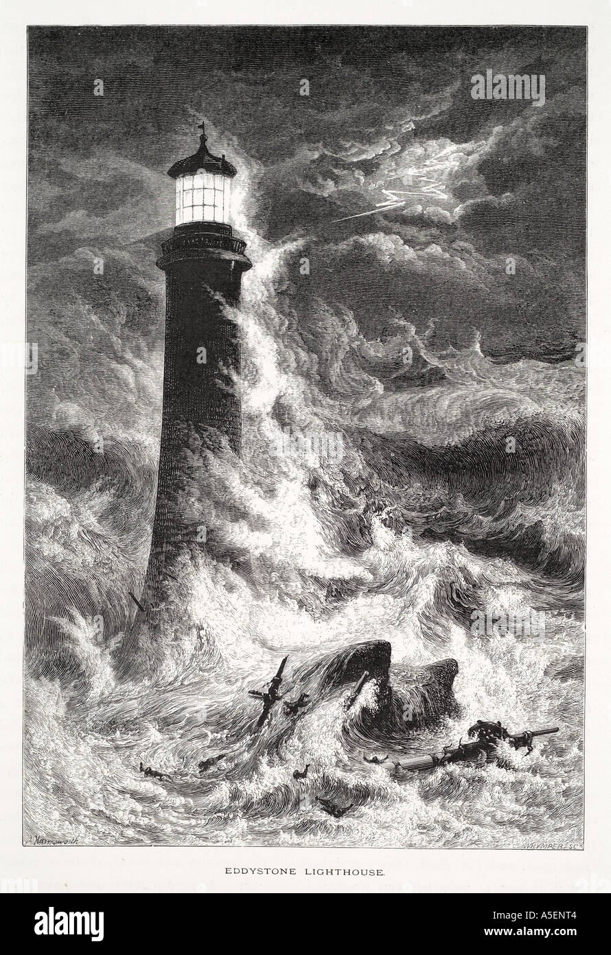Eddystone lighthouse vague marine nuage nuit de tempête maritime vent avertir sauver protéger trinity house nautique balise lumineuse GO UK Uni Banque D'Images