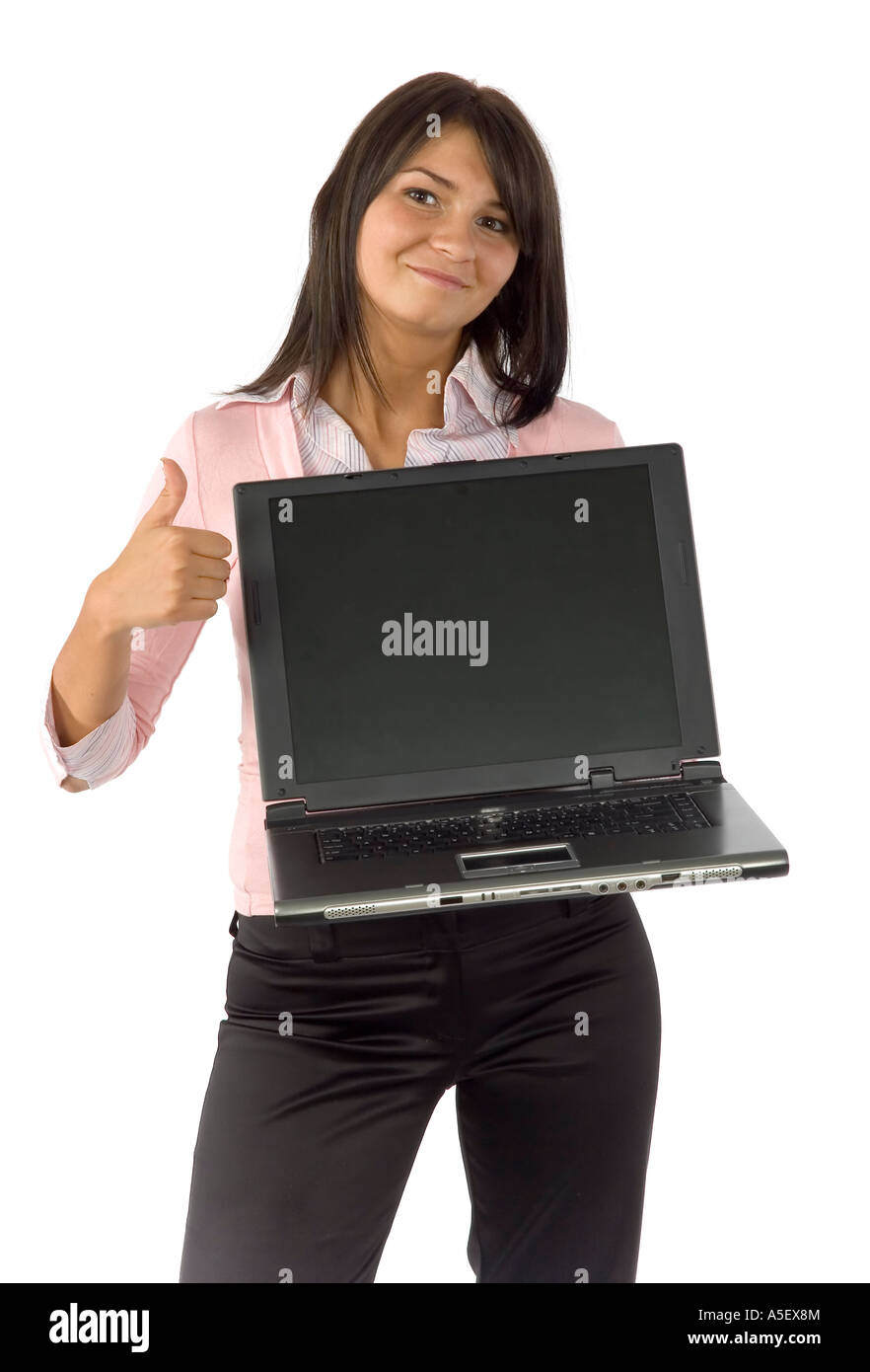 Femme isolée avec ordinateur portable écran montrant Banque D'Images