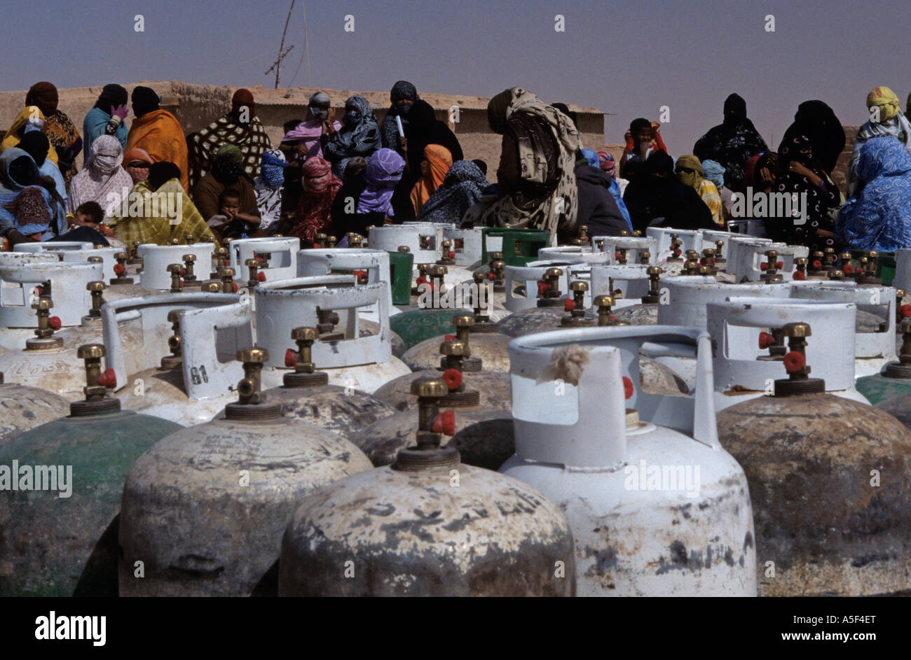 Les villageois la collecte de bouteilles de gaz, camp de réfugiés sahraouis de Tindouf, dans l'ouest de l'Algérie, Banque D'Images