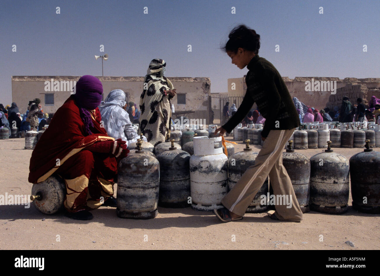 Les réfugiés sahraouis de Tindouf en Algérie de l'Ouest la collecte des bouteilles de gaz Banque D'Images