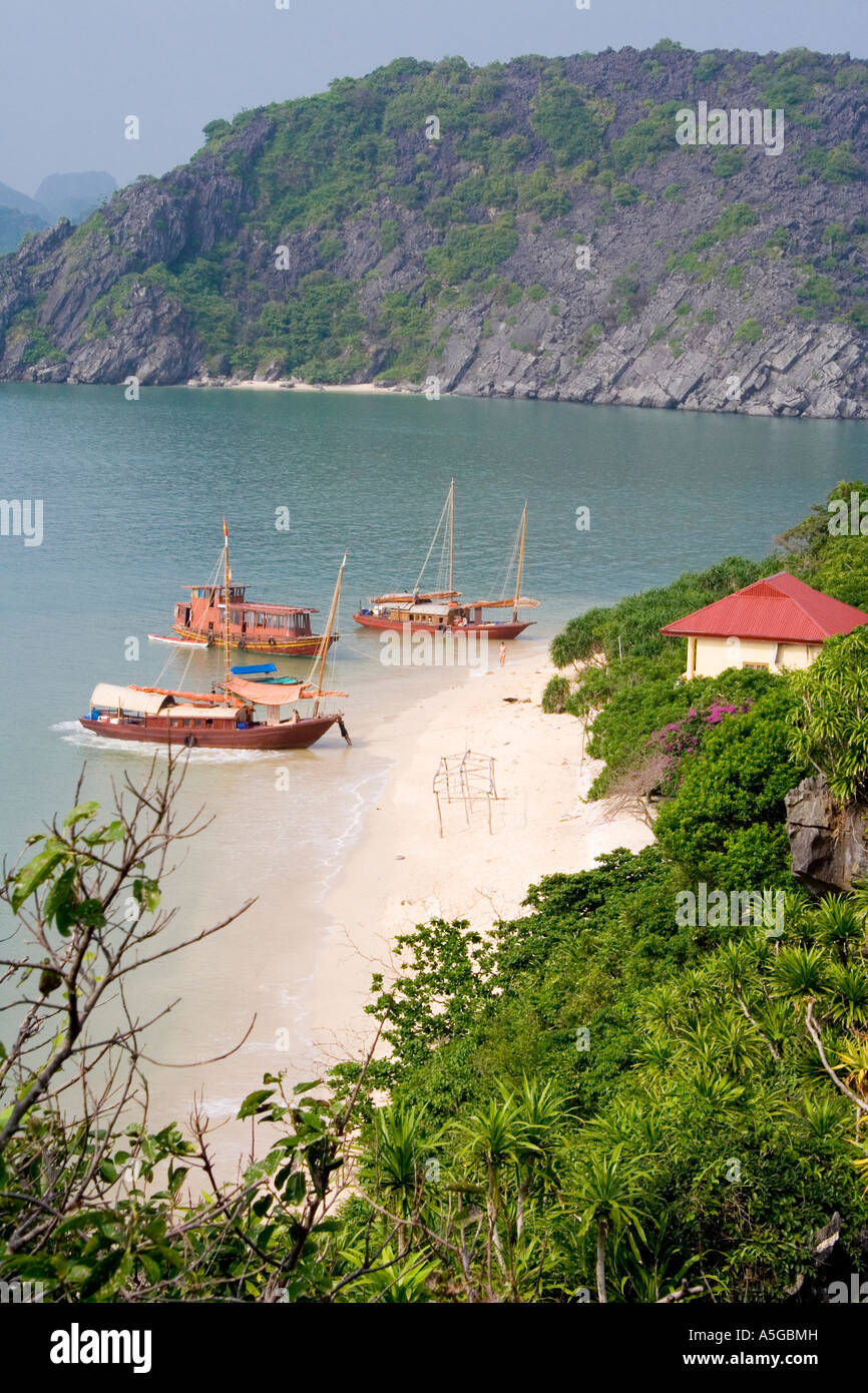 Bateaux touristiques échoué à Monkey Island Baie de Halong Vietnam Banque D'Images
