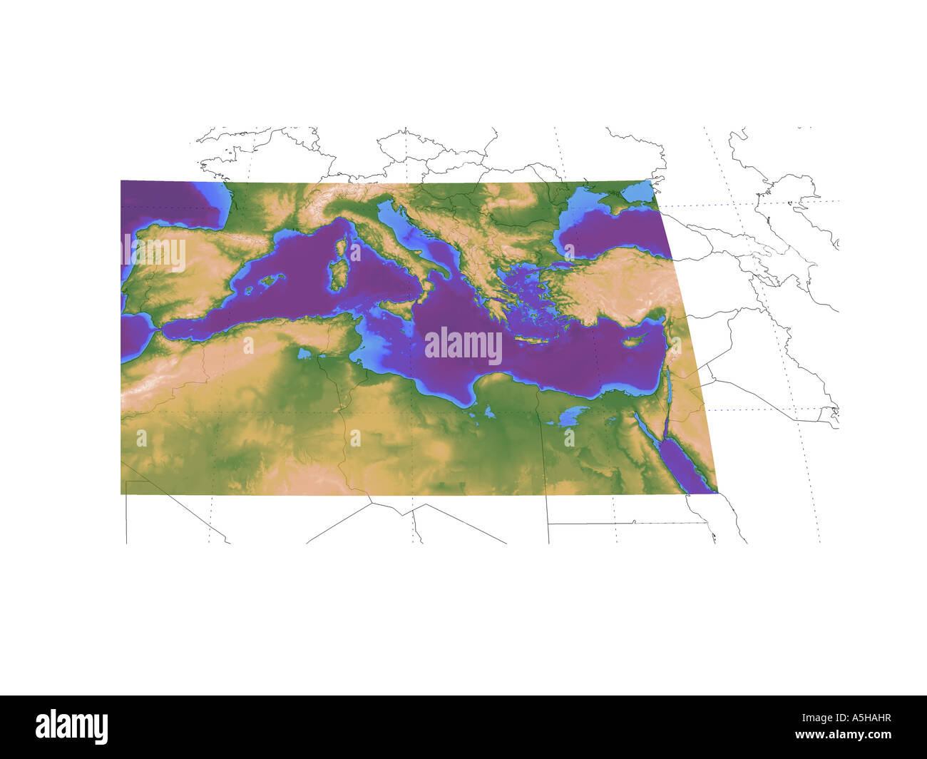 Carte topographique de l'Europe de l'Ouest et mediteranenan avec les frontières politiques Banque D'Images