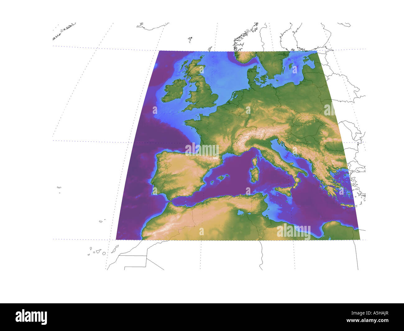 L'Europe de l'Ouest altitude profondeur de la mer méditerranée carte carte topographique carte globe Banque D'Images