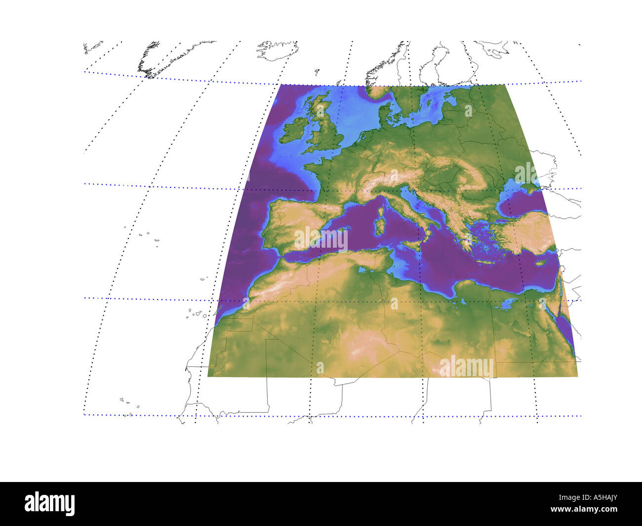 L'Europe de l'Ouest altitude profondeur de la mer méditerranée carte carte topographique carte globe Banque D'Images