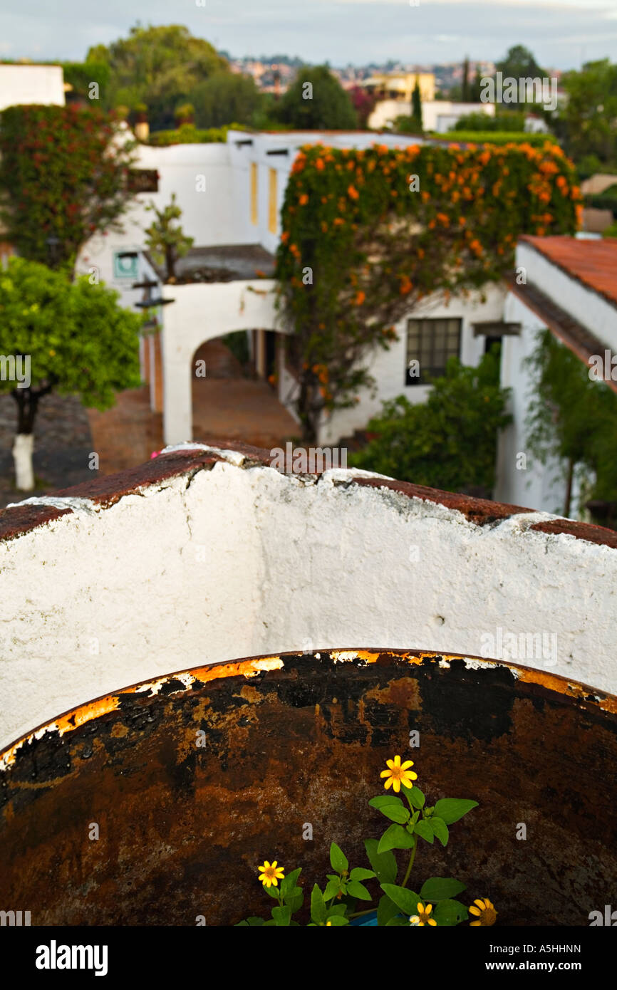 San Miguel de Allende Mexique plante à fleurs jaunes poussent dans le baril sur La Posada de la propriété de l'Hôtel Aldea Banque D'Images