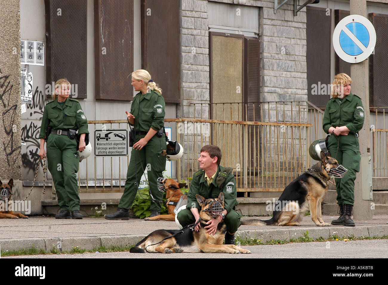 Les conducteurs de chiens ayant un reste avec leurs chiens de berger allemand Banque D'Images