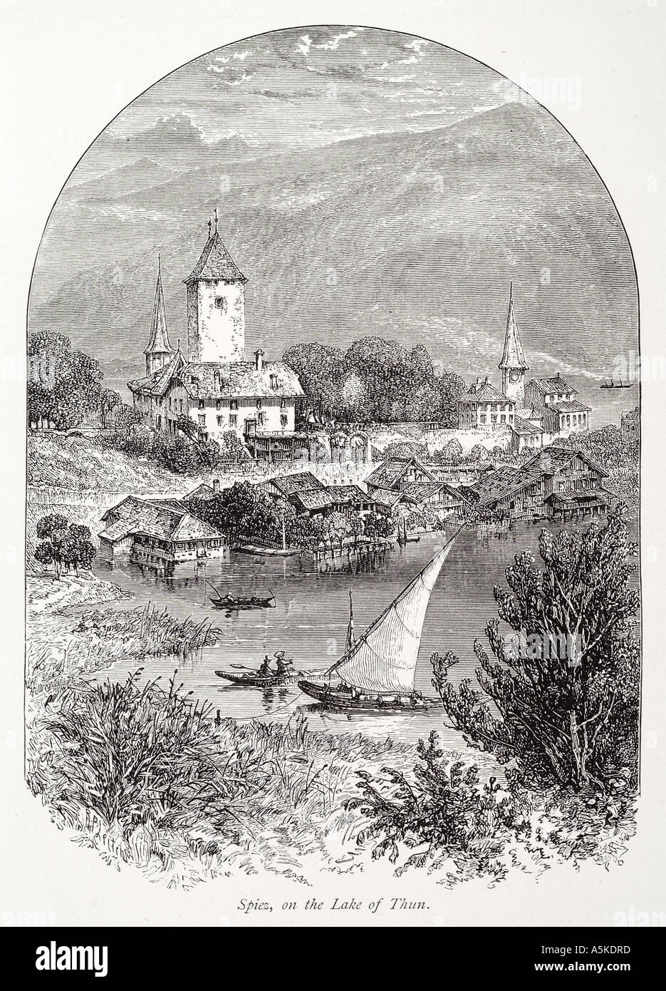 Schloss spiez thun Oberland bernois Suisse Suisse Helvetia voile valley water tree house church Christian mountain towe Banque D'Images