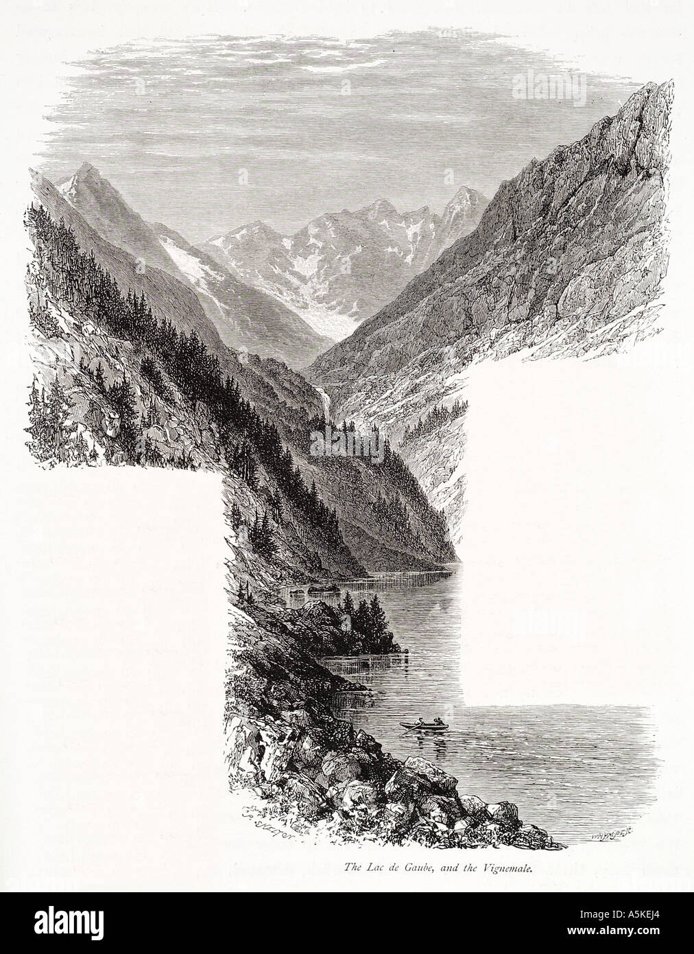 Le lac de gaube vignemale Pyrénées Midi Pyrénées France montagne forêt de la vallée de l'eau rive bateau pointe snow Banque D'Images
