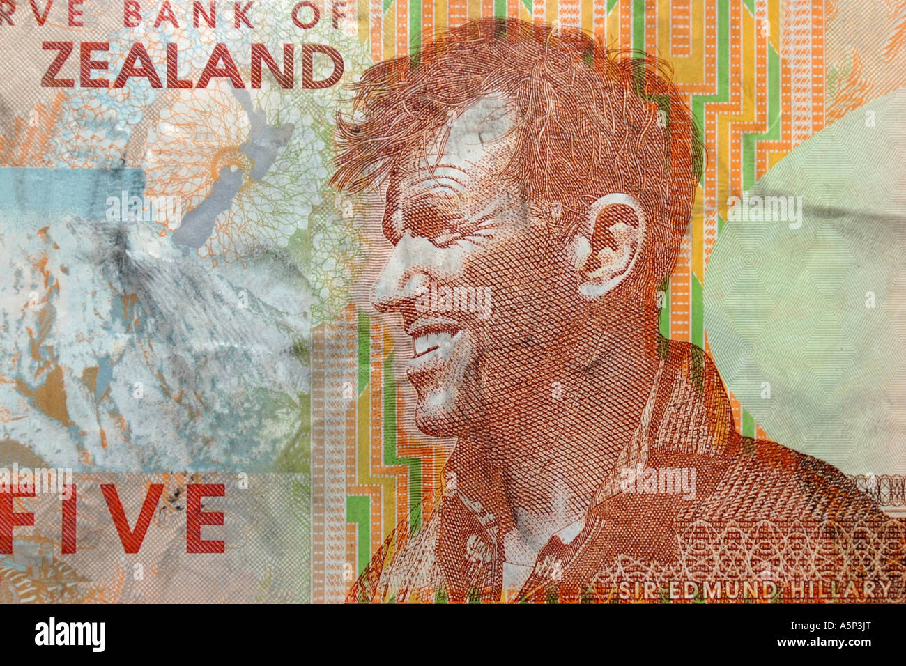 Sir Edmund Hillary, sur un dollar de Nouvelle-Zélande 5 Remarque. Banque D'Images