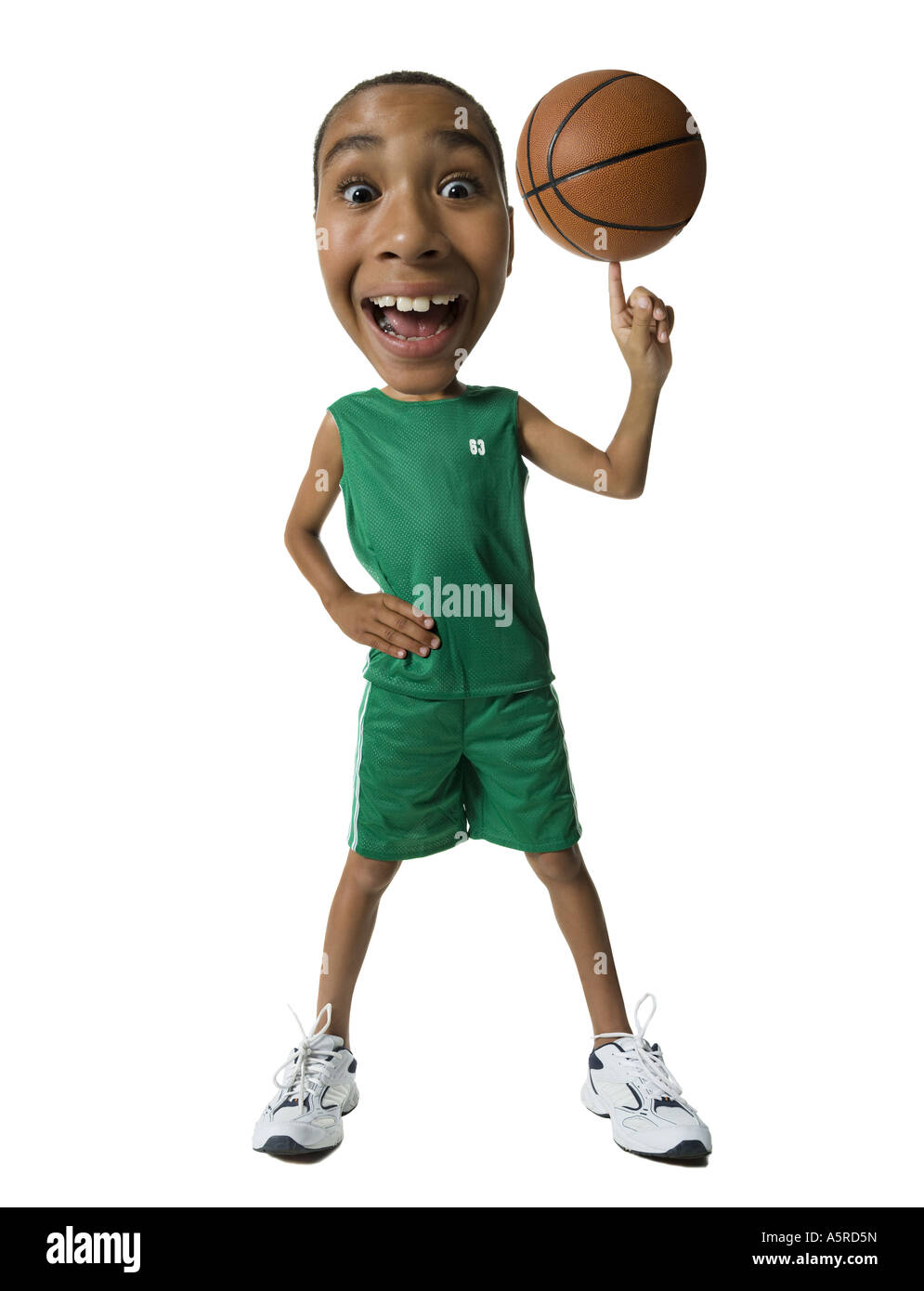 Caricature d'un garçon la rotation d'un terrain de basket-ball sur son doigt Banque D'Images
