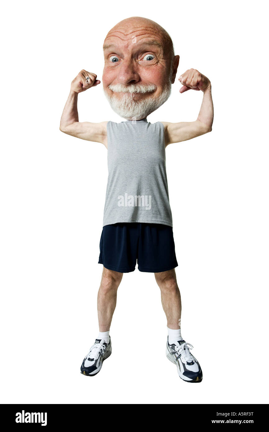 Caricature d'un senior man flexing muscles Banque D'Images