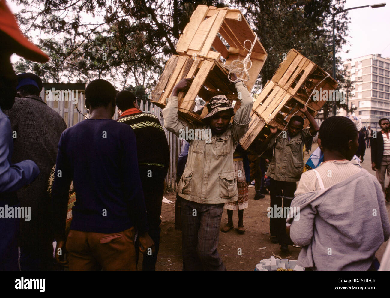 Hommes PORTANT SUR LEURS ÉPAULES DES CAISSES QUI SERA SUR LE MARCHÉ À NAIROBI KENYA Banque D'Images