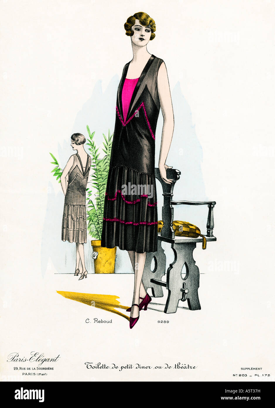 Tenue de soirée décontracté français 1920 Croquis de la fashion magazine Paris toilette élégant de petit diner ou de theatre Banque D'Images Tenue de soirée décontracté français 1920 Croquis de la fashion magazine Paris toilette élégant de petit diner ou de theatre Banque D'Images
