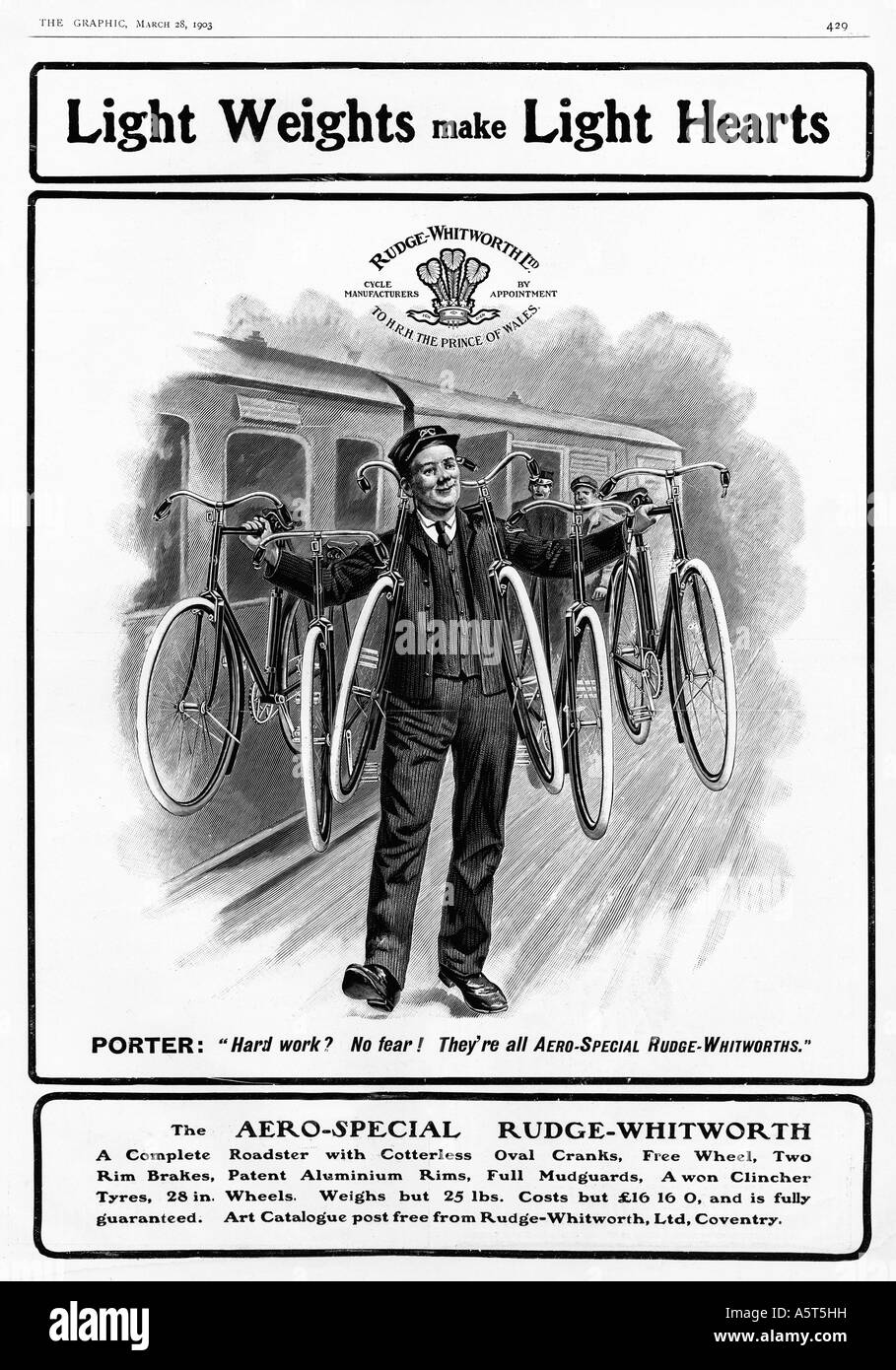 Rudge Whitworth Bicyclettes 1903 Edwardian magazine publicité pour la légèreté des vélos spéciaux Aero fait à Coventry Banque D'Images