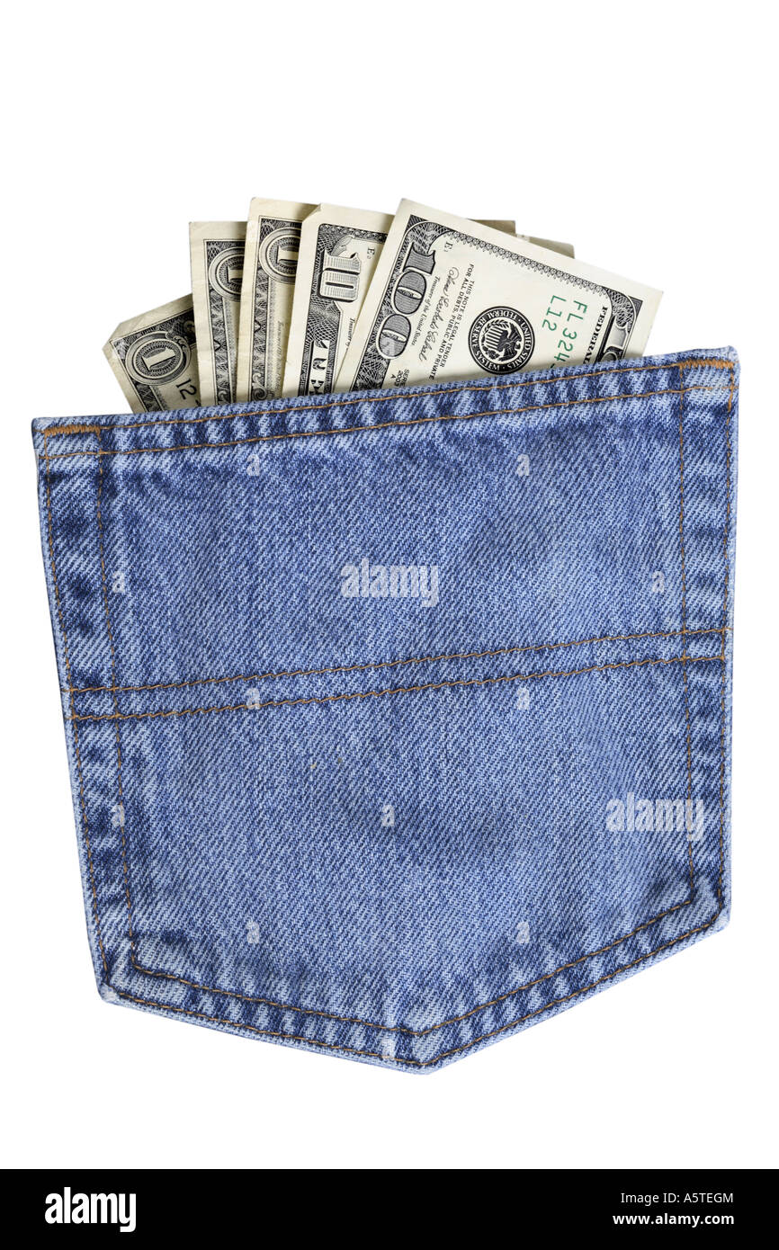 L'argent dans la poche de jean découper sur fond blanc Banque D'Images