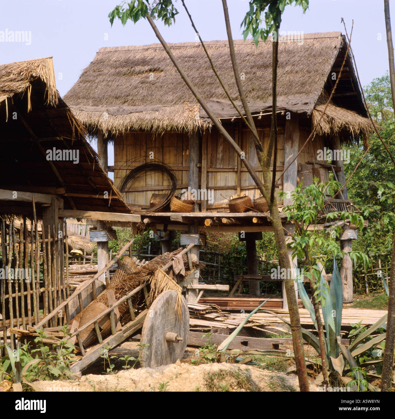 Toit de paille traditionnel débarras sur pilotis sur un terrain d'une ferme rurale, Amérique du Nord Laos. Banque D'Images