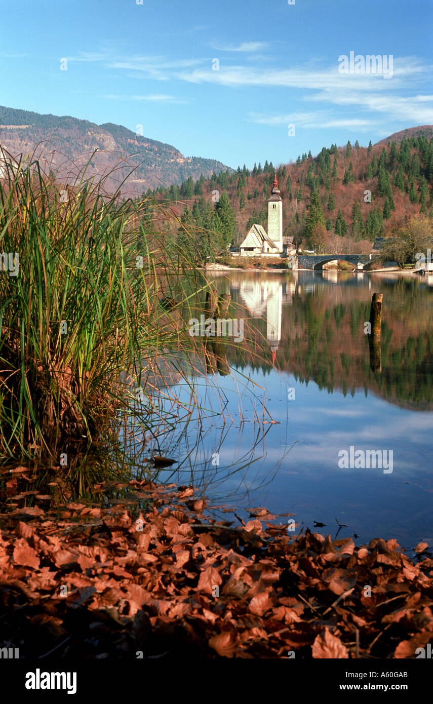 Lac de Bohinj et l'église dans les régions rurales du nord-ouest de la Slovénie à proximité du lac de Bled Banque D'Images