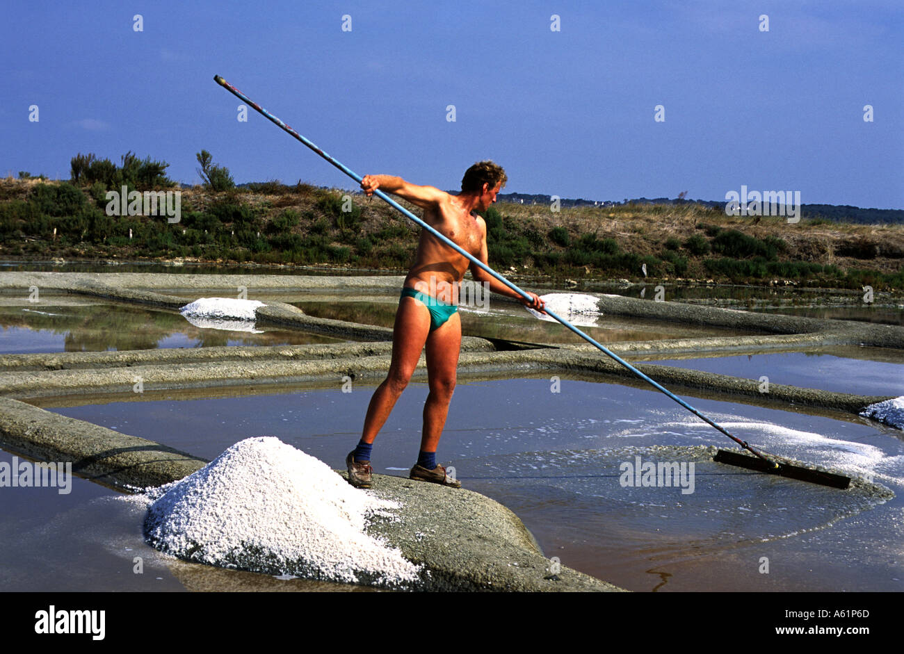 Un agriculteur ou paludier récolte manuelle de sel de mer gris en utilisant des outils traditionnels dans la région de Guérande à côté de l'océan Atlantique, Franc Bretagne Banque D'Images