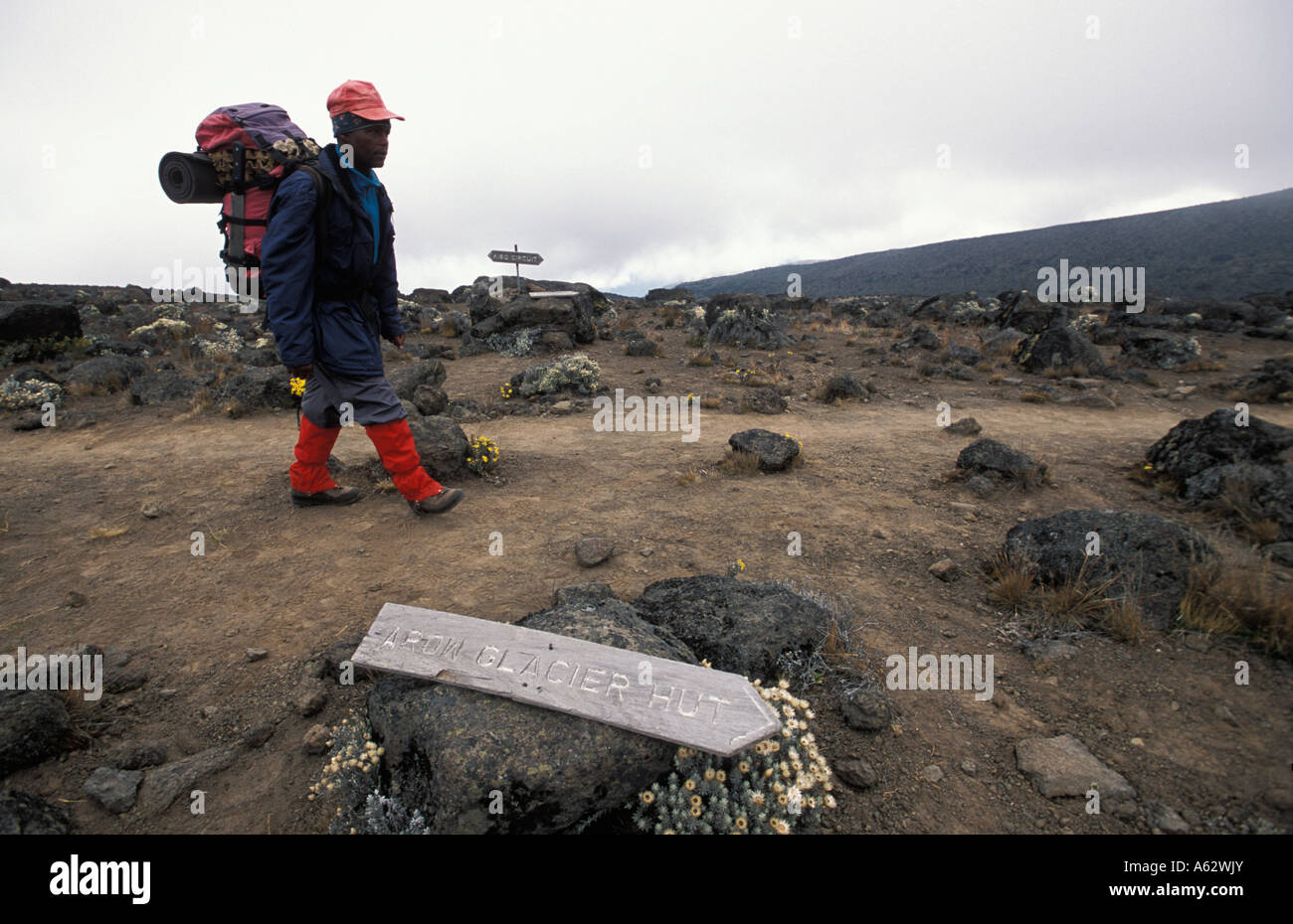 Pour signer l'itinéraire Glacier Flèche Porter transport des bagages Parc national du Kilimandjaro en Tanzanie Banque D'Images
