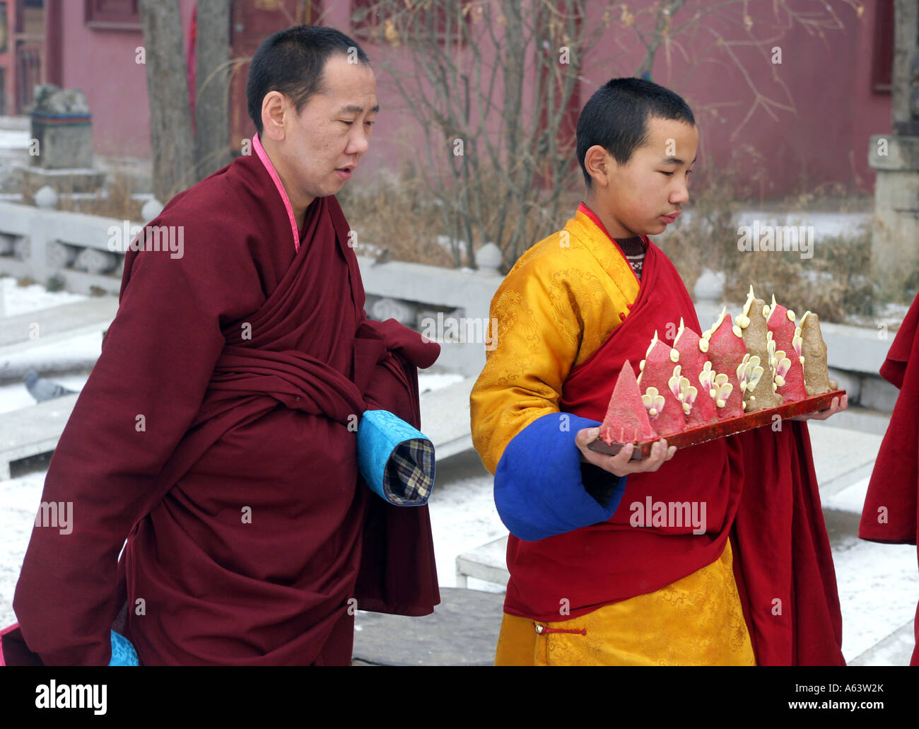 La Mongolie, des moines bouddhistes dans le monastère bouddhiste Gandantegchenling, Ulaan Bataar Banque D'Images